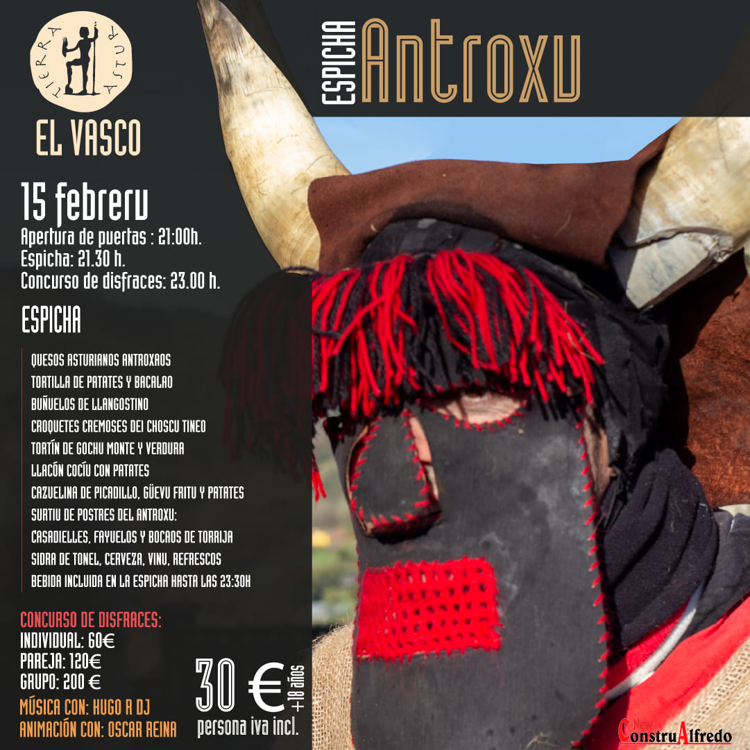 Máscara tradicional del carnaval asturiano con descripción del menú que se ofrecerá y los premios