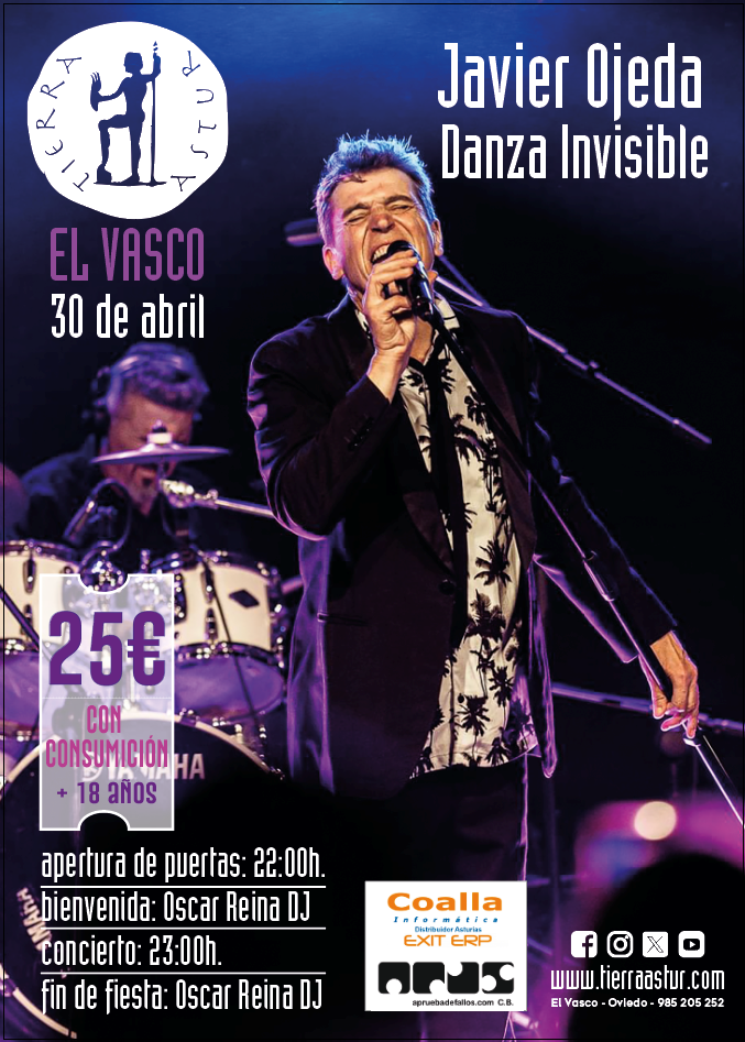 Cartel del concierto de Javie Ojeda en Tierra Astur el Vasco donde aparece cantando con una iluminación en tonos morados