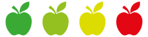 ilustración de varias manzanas, todas iguals, que cambian su color de verde a rojo pasando por el amarillo