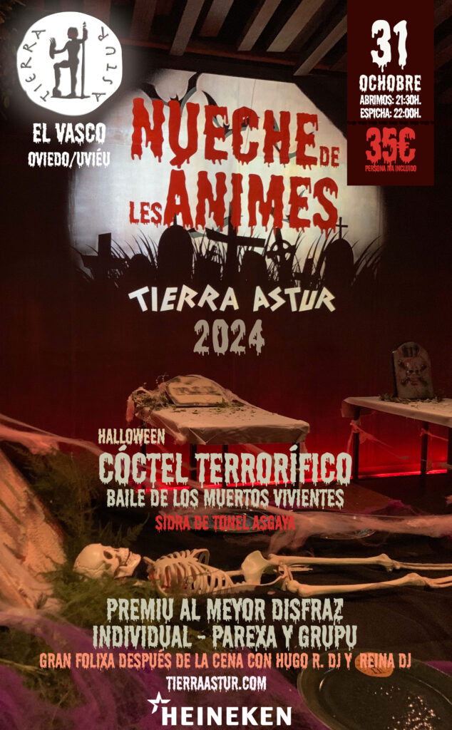 Cartel de la fiesta de halloween en tierra astur el vasco compuesto por fotografías de la decoración de la fiesta de halloween anterior como fondo y texto descriptivo de la fiesta